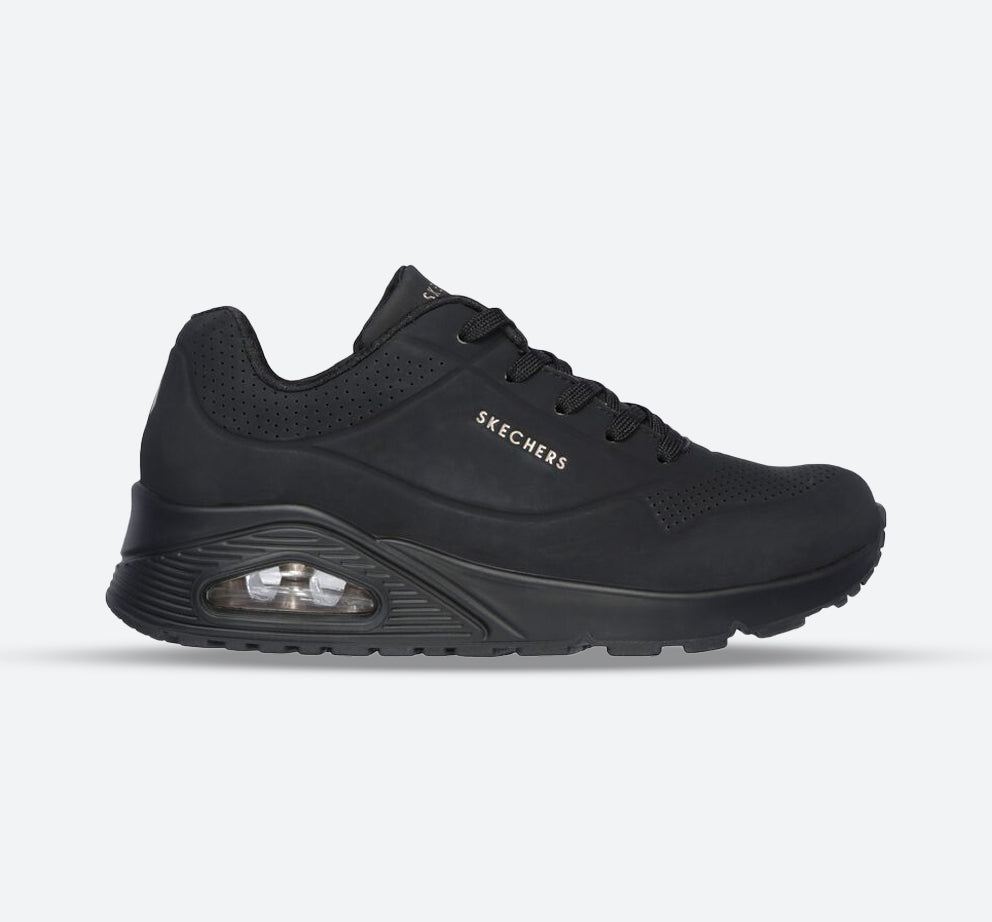 Women's Wide Fit Skechers 73690 Uno - Stand On Air Walking Sneakers - Black/Black