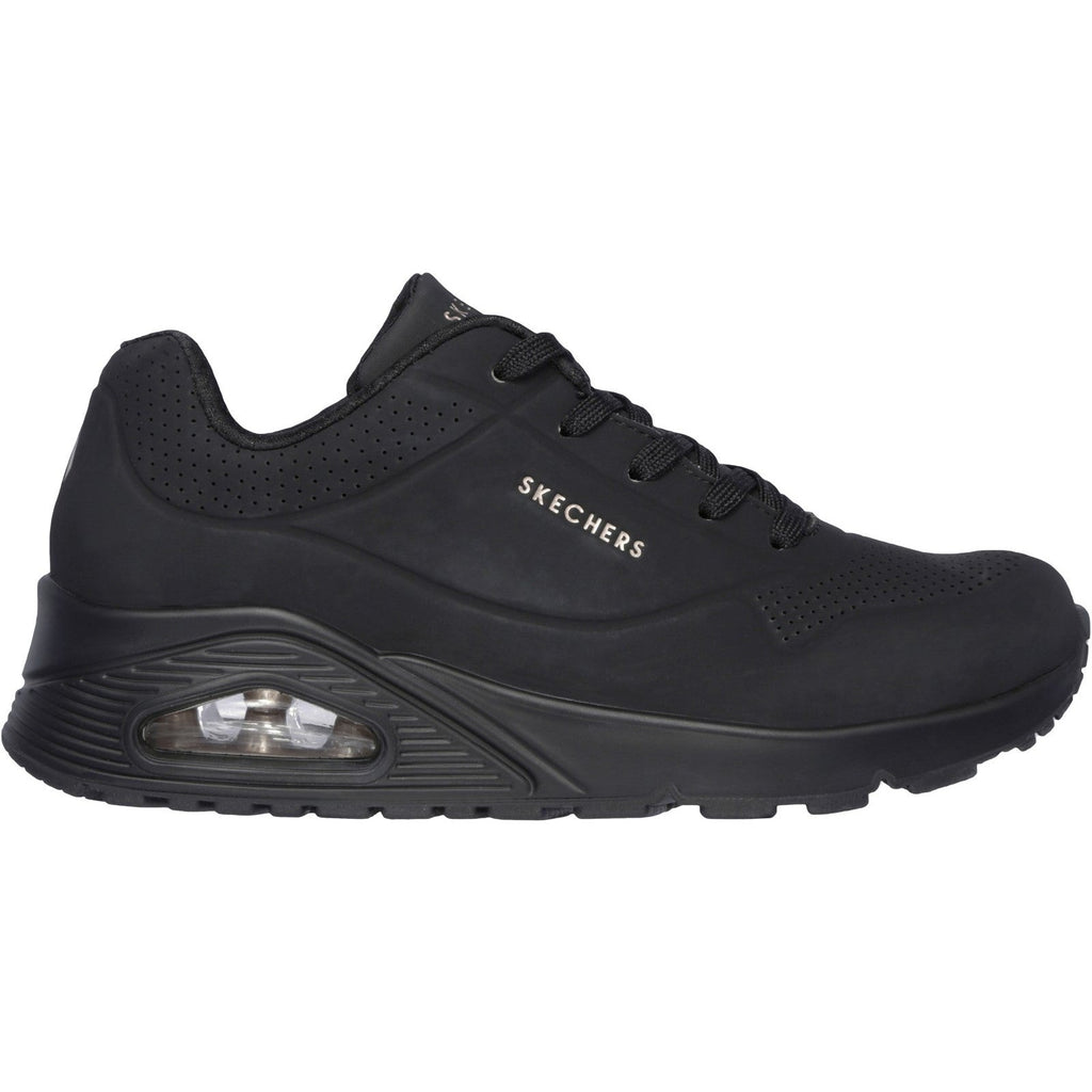 Women's Wide Fit Skechers 73690 Uno - Stand On Air Walking Sneakers - Black/Black